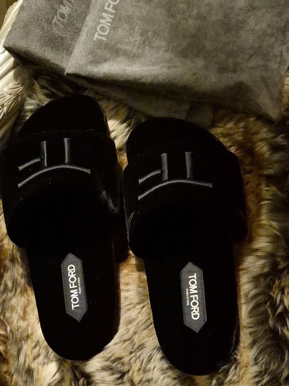 Tom Ford Black Velvet Slide Sandals with Embroidered Logo